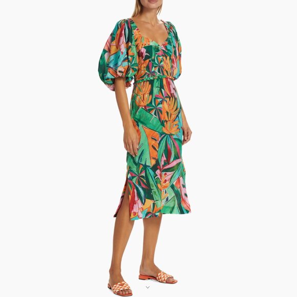 FARM Rio | NWT Banana & Foliage Print Puff Sleeve Midi Dress, Size S ๐ง๐ท - Picture 4 of 15